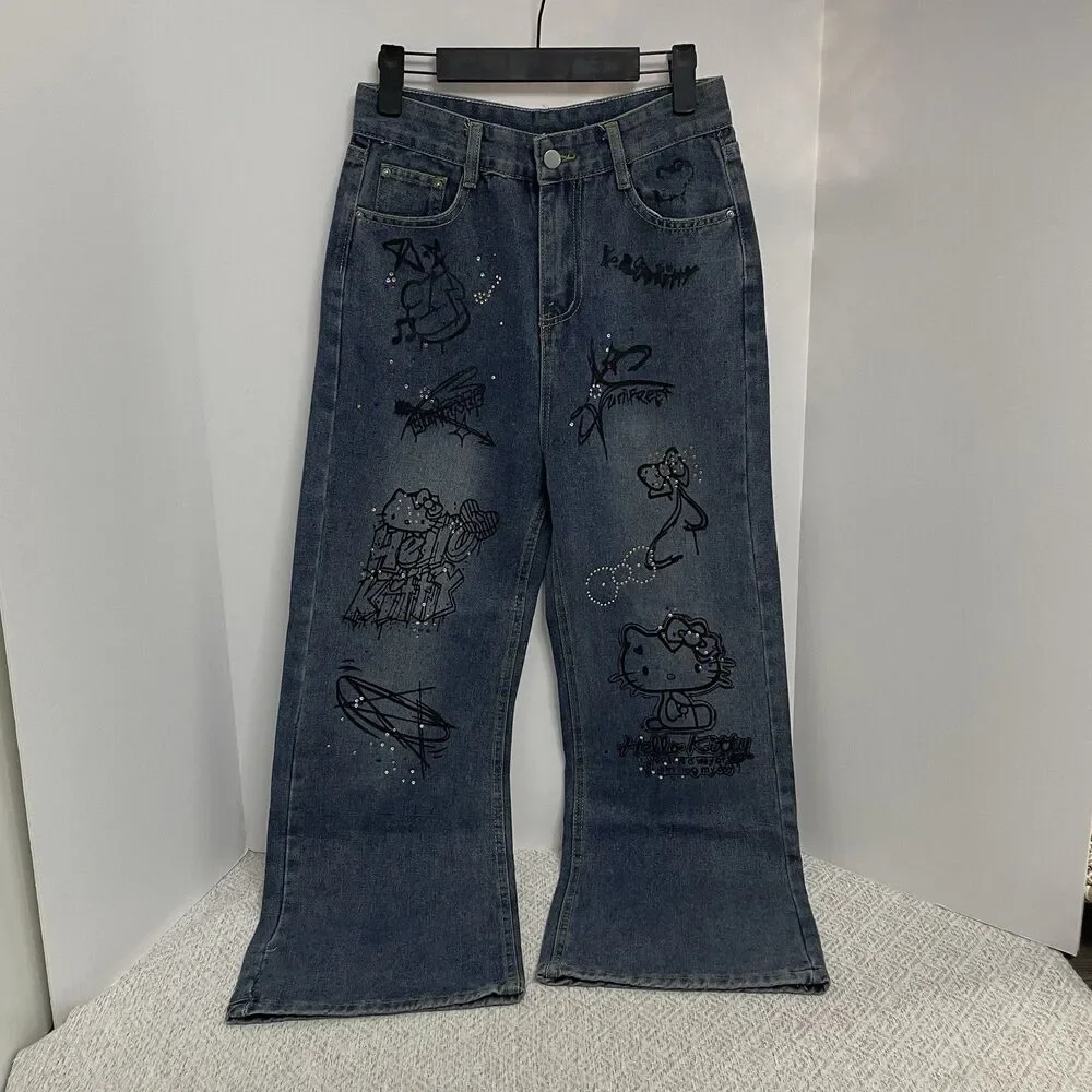 Hello Kitty Girls L Wide Leg Graffiti Art Rhinestone Blue Denim Jeans **READ**